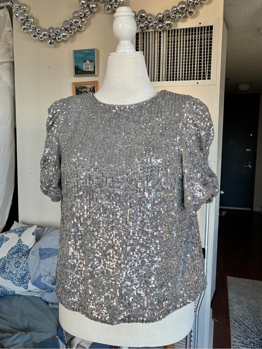 Anthropologie Silver Sequin Short Sleeve Blouse